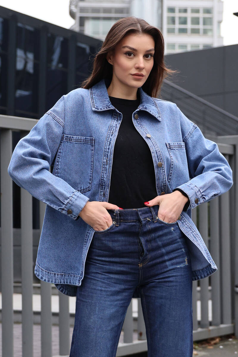 0694 Çift Cepli Oversize Denim Ceket - Lacivert - BİGDART