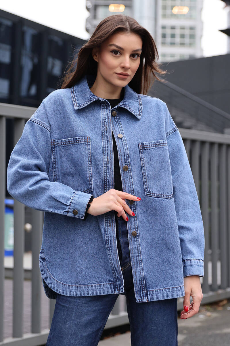 0694 Çift Cepli Oversize Denim Ceket - Lacivert (1)