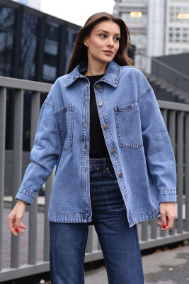 0694 Çift Cepli Oversize Denim Ceket - Lacivert - 3