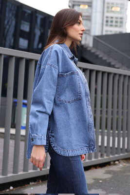 0694 Çift Cepli Oversize Denim Ceket - Lacivert - 4