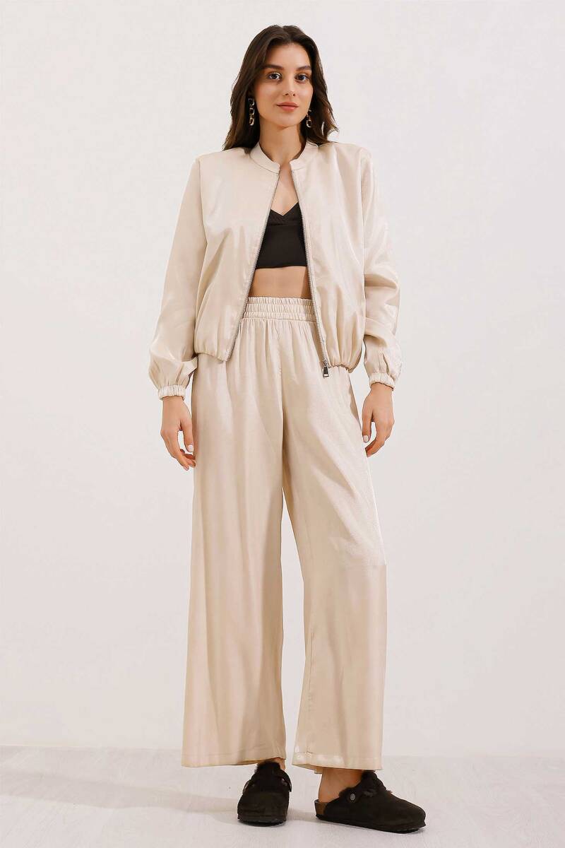 0696 Parlak Kumaş İkili Takım - Krem - BİGDART