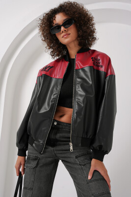 0698 Baskılı Suni Deri Bomber Ceket - Bordo - BİGDART