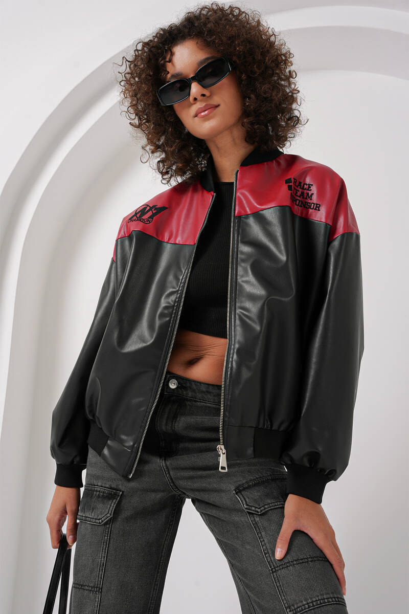 0698 Baskılı Suni Deri Bomber Ceket - Bordo - BİGDART