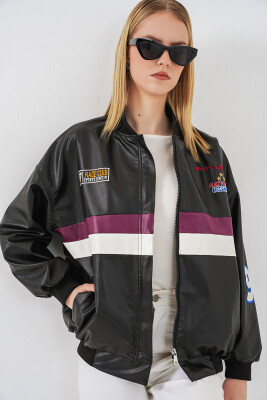 0698 Baskılı Suni Deri Bomber Ceket - Bordo 