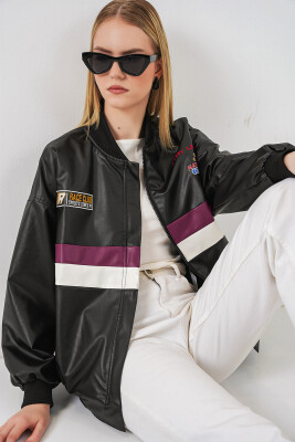 0698 Baskılı Suni Deri Bomber Ceket - Bordo - 3