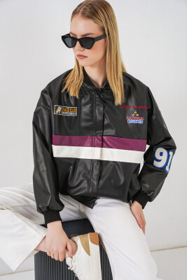 0698 Baskılı Suni Deri Bomber Ceket - Bordo - 4