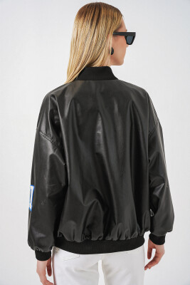 0698 Baskılı Suni Deri Bomber Ceket - Bordo - 6