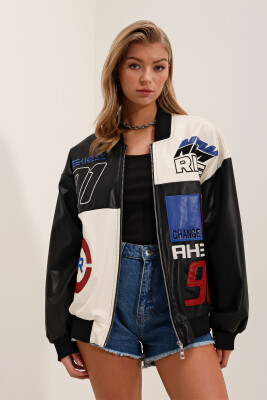 0698 Baskılı Suni Deri Bomber Ceket - D. Siyah - 1