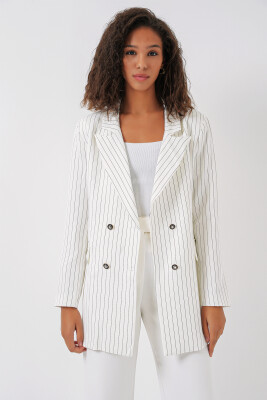 Kadın Beyaz Çift Düğmeli Çizgili Blazer Ceket 0699 