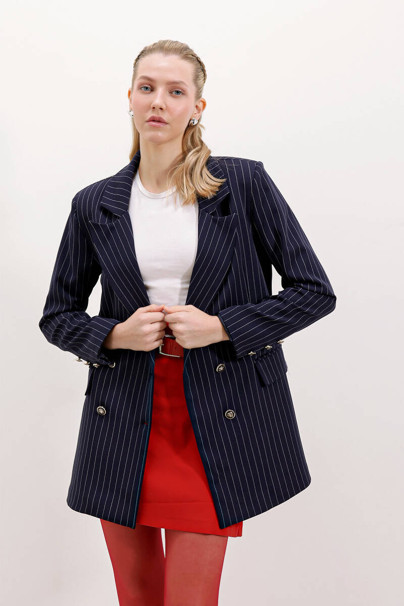 Kadın Lacivert Çift Düğmeli Çizgili Blazer Ceket 0699 - BİGDART