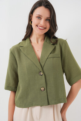 0706 Crop Keten Ceket - Haki 