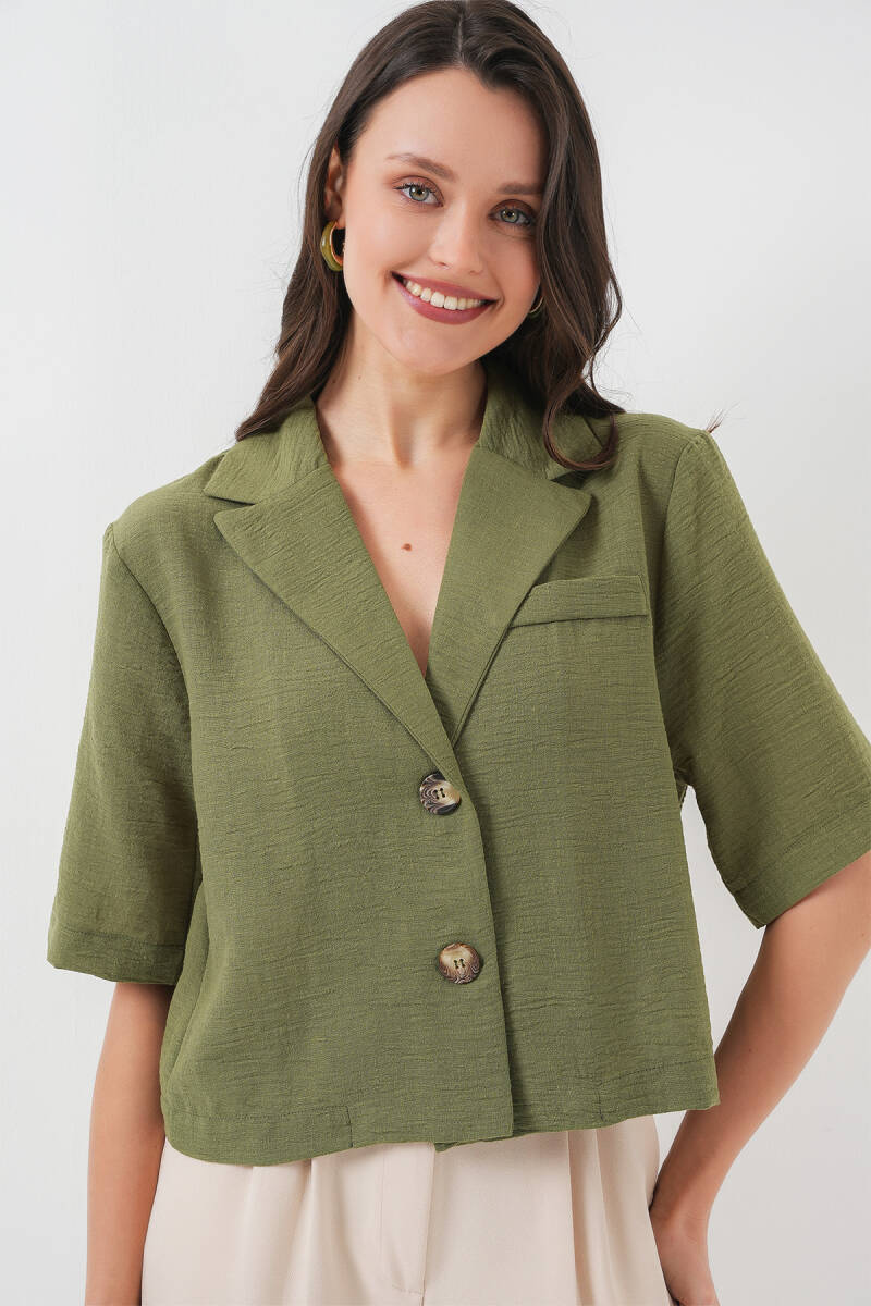 0706 Crop Keten Ceket - Haki - BİGDART