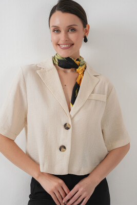 0706 Crop Keten Ceket - M. Krem 