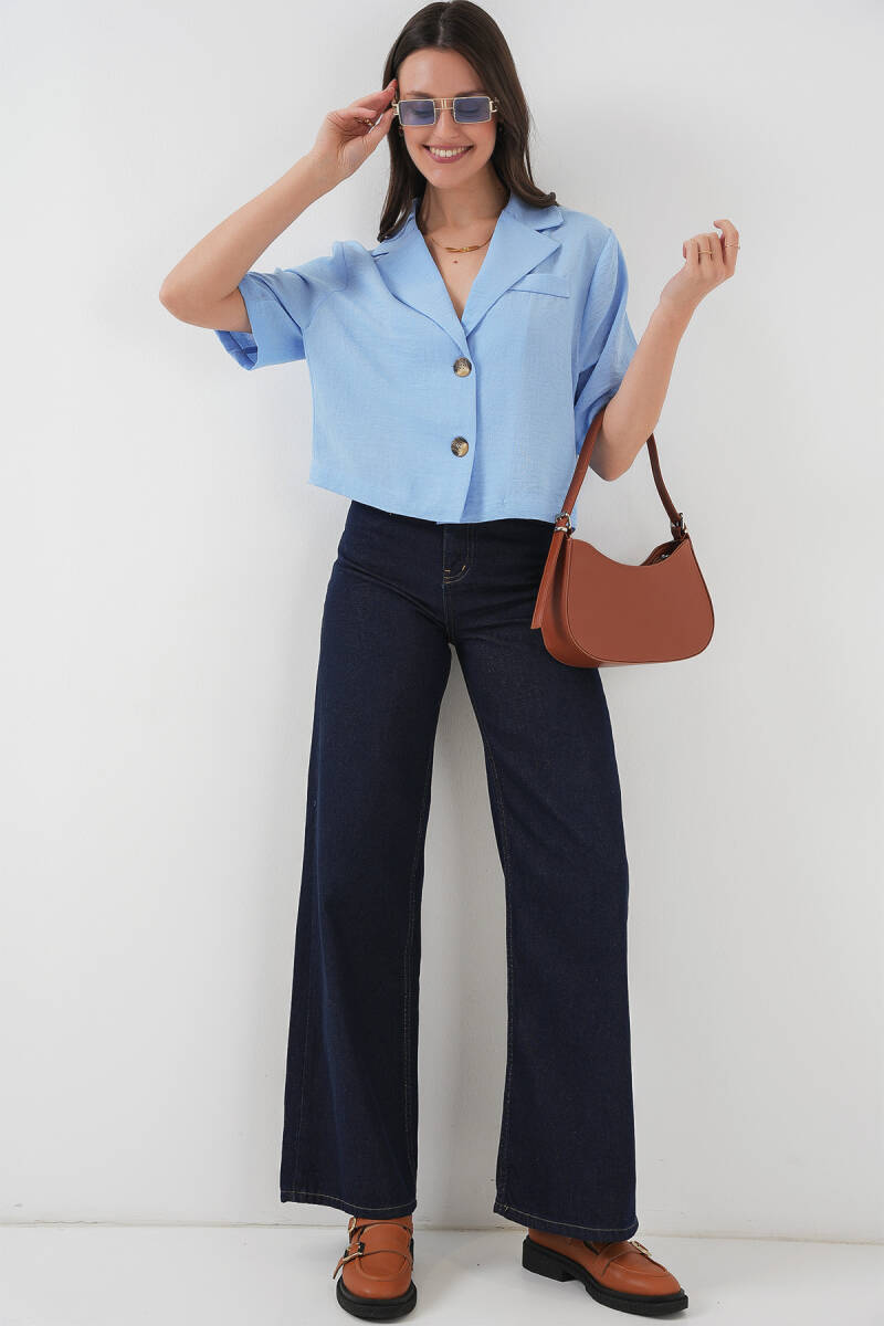 0706 Crop Keten Ceket - Mavi (1)