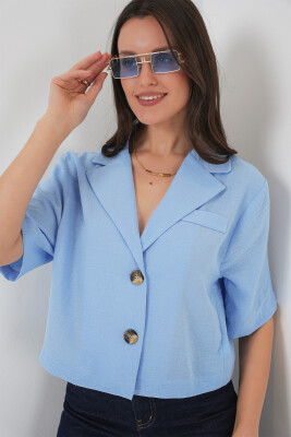 0706 Crop Keten Ceket - Mavi - 3