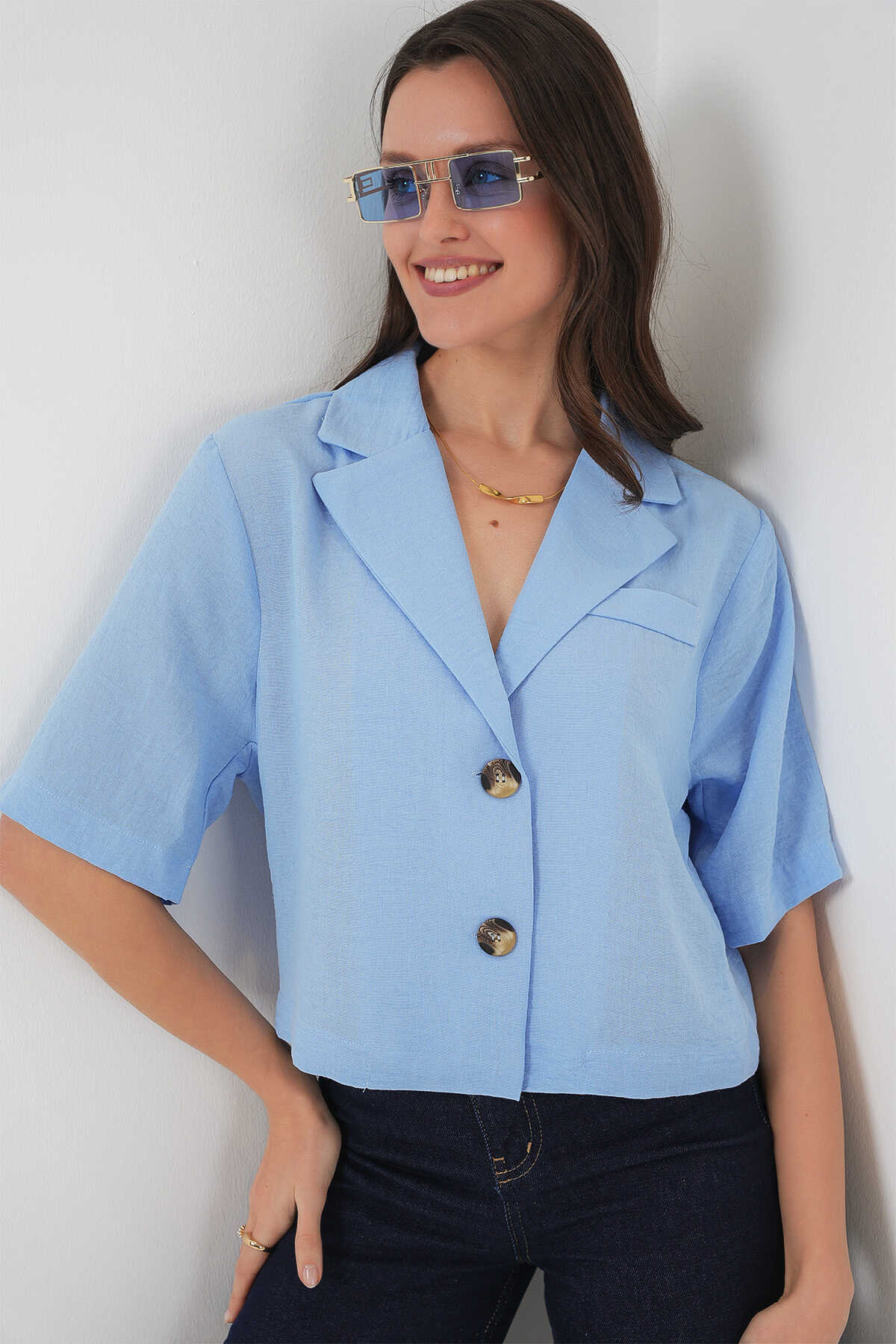 0706 Crop Keten Ceket - Mavi - 4