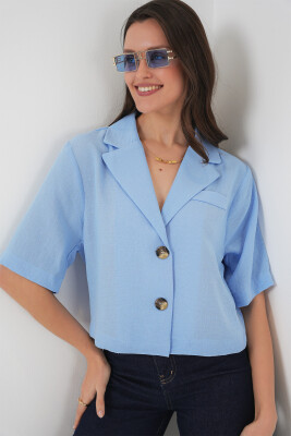 0706 Crop Keten Ceket - Mavi - 4