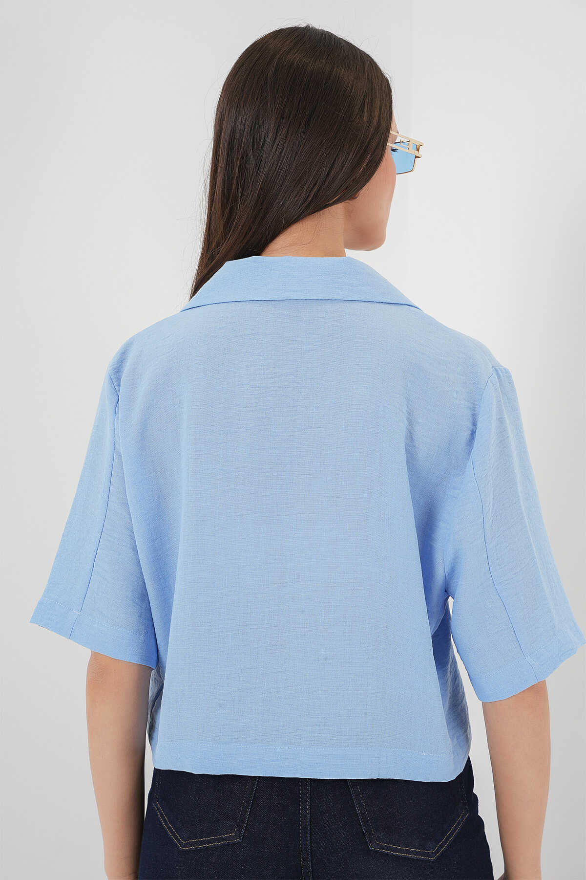 0706 Crop Keten Ceket - Mavi - 6