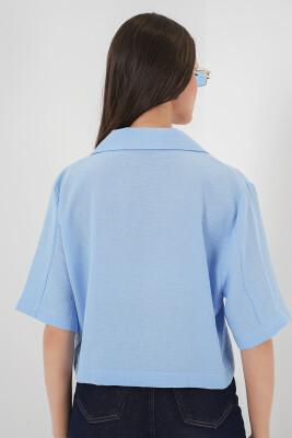 0706 Crop Keten Ceket - Mavi - 6