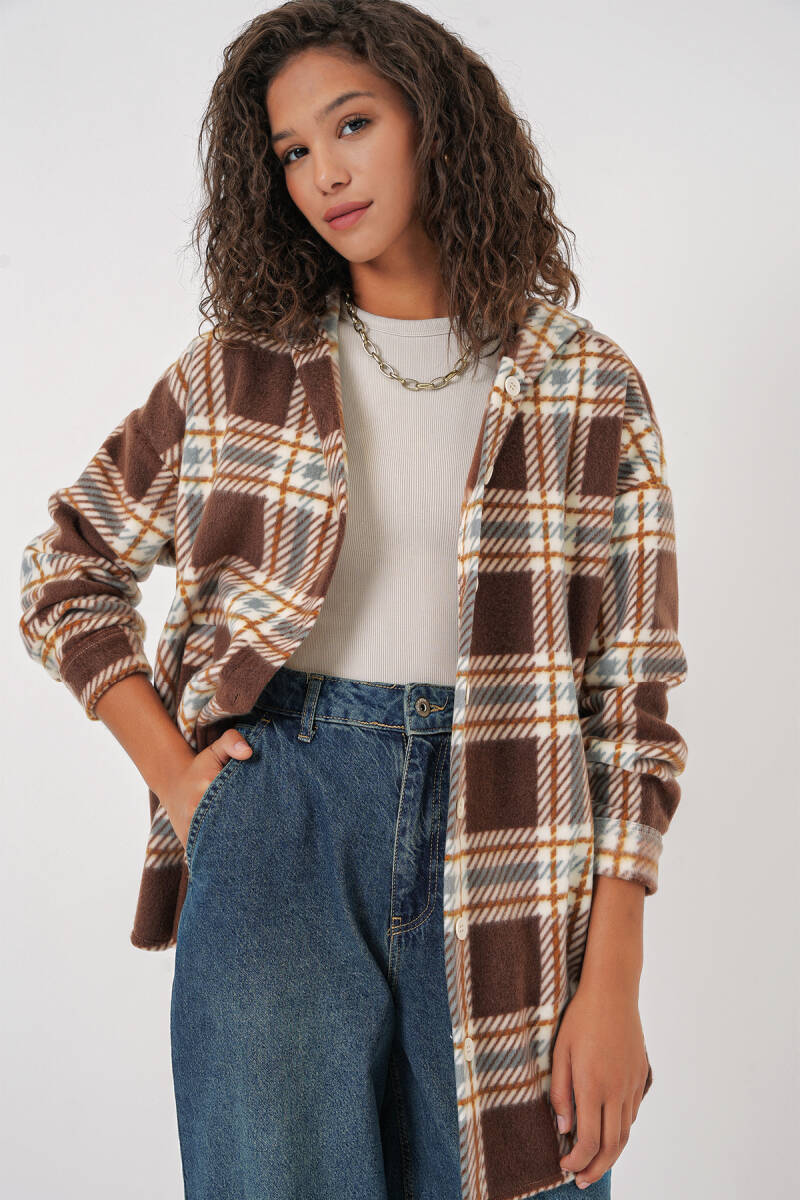 0710 Kapüşonlu Oversize Gömlek - C. Kahverengi - BİGDART