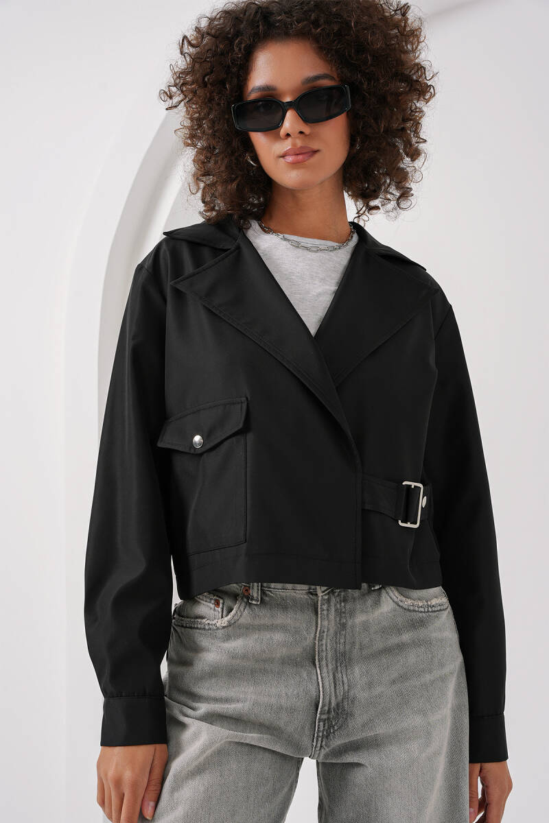 0712 Kruvaze Yaka Kısa Trençkot - Siyah - BİGDART