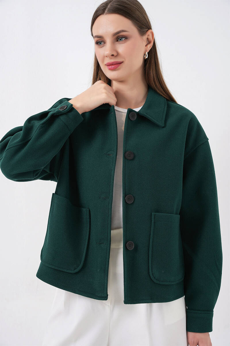 0713 Kadın Kaşe Ceket - Zümrüt Yeşili - BİGDART