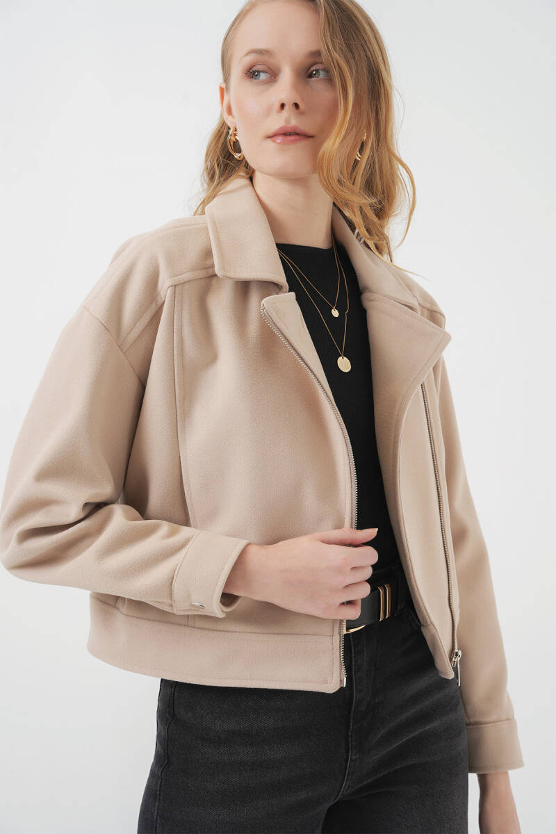 0717 Kadın Kısa Kaşe Ceket - Taş - BİGDART