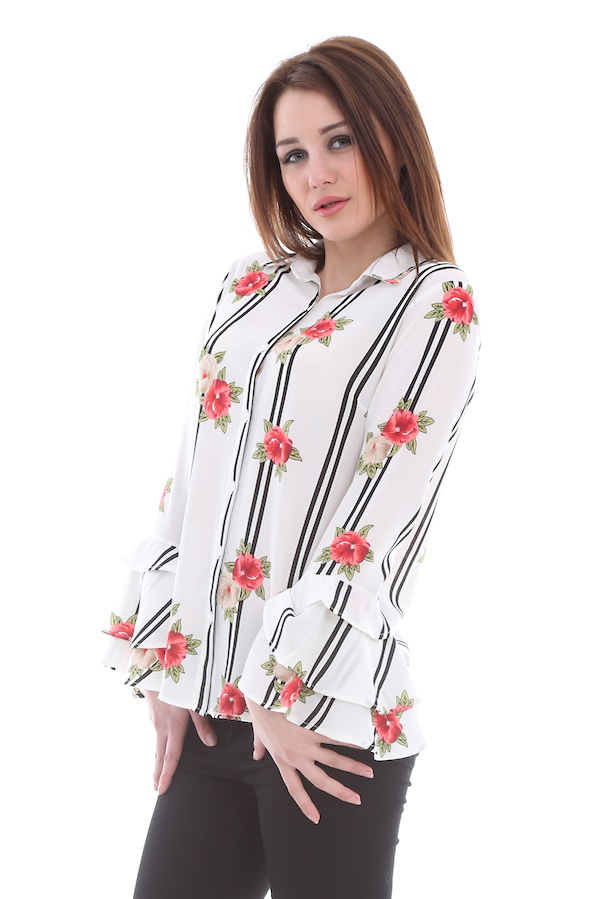 10004 KOL VOLANLI DESENLİ GÖMLEK - Beyaz - BİGDART