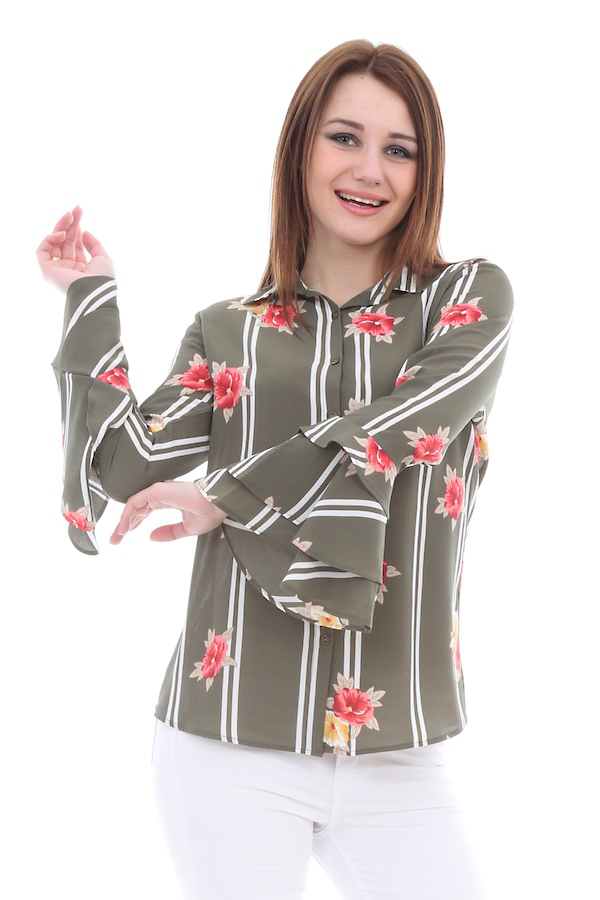 10004 KOL VOLANLI DESENLİ GÖMLEK - Haki - BİGDART