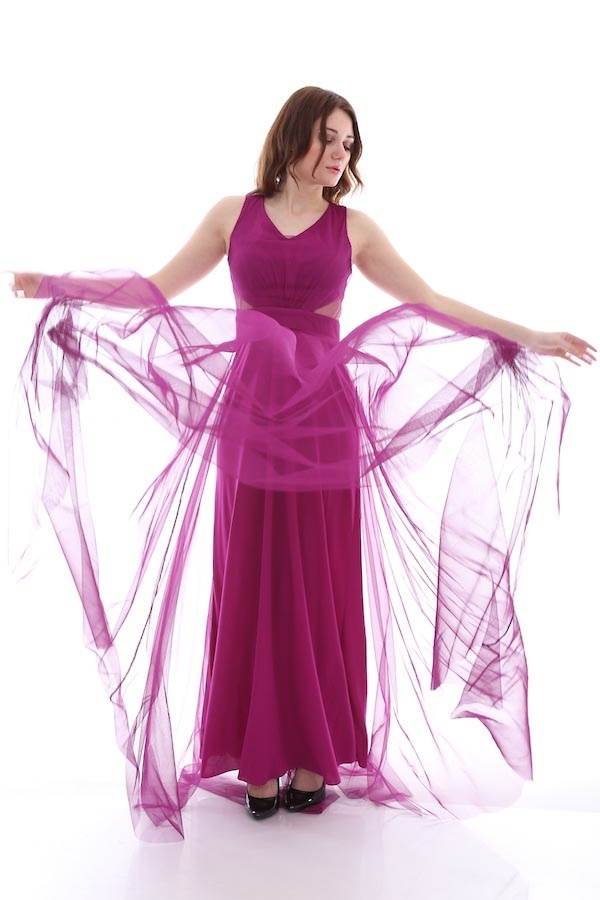 10013 BEL TRANSPARAN DETAY TÜL ELBİSE - Mürdüm - BİGDART