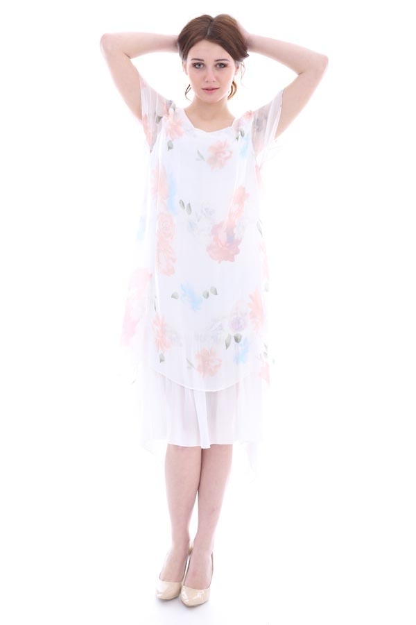 10014 ÇİÇEK DESENLİ ŞİFON ELBİSE - Ekru - BİGDART