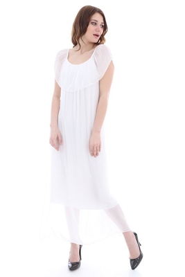 10015 DÜŞÜK OMUZ İPEK ELBİSE - Beyaz - BİGDART