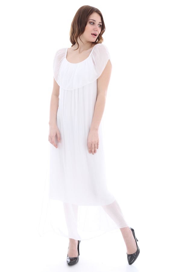 10015 DÜŞÜK OMUZ İPEK ELBİSE - Beyaz - BİGDART