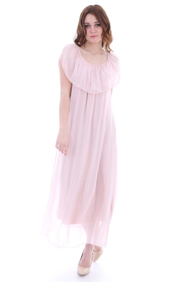 10015 DÜŞÜK OMUZ İPEK ELBİSE - Pudra - BİGDART