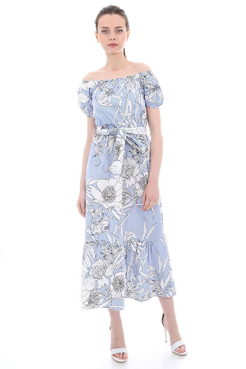 10033 OMUZ LASTİK DESENLİ ELBİSE - Mavi - BİGDART