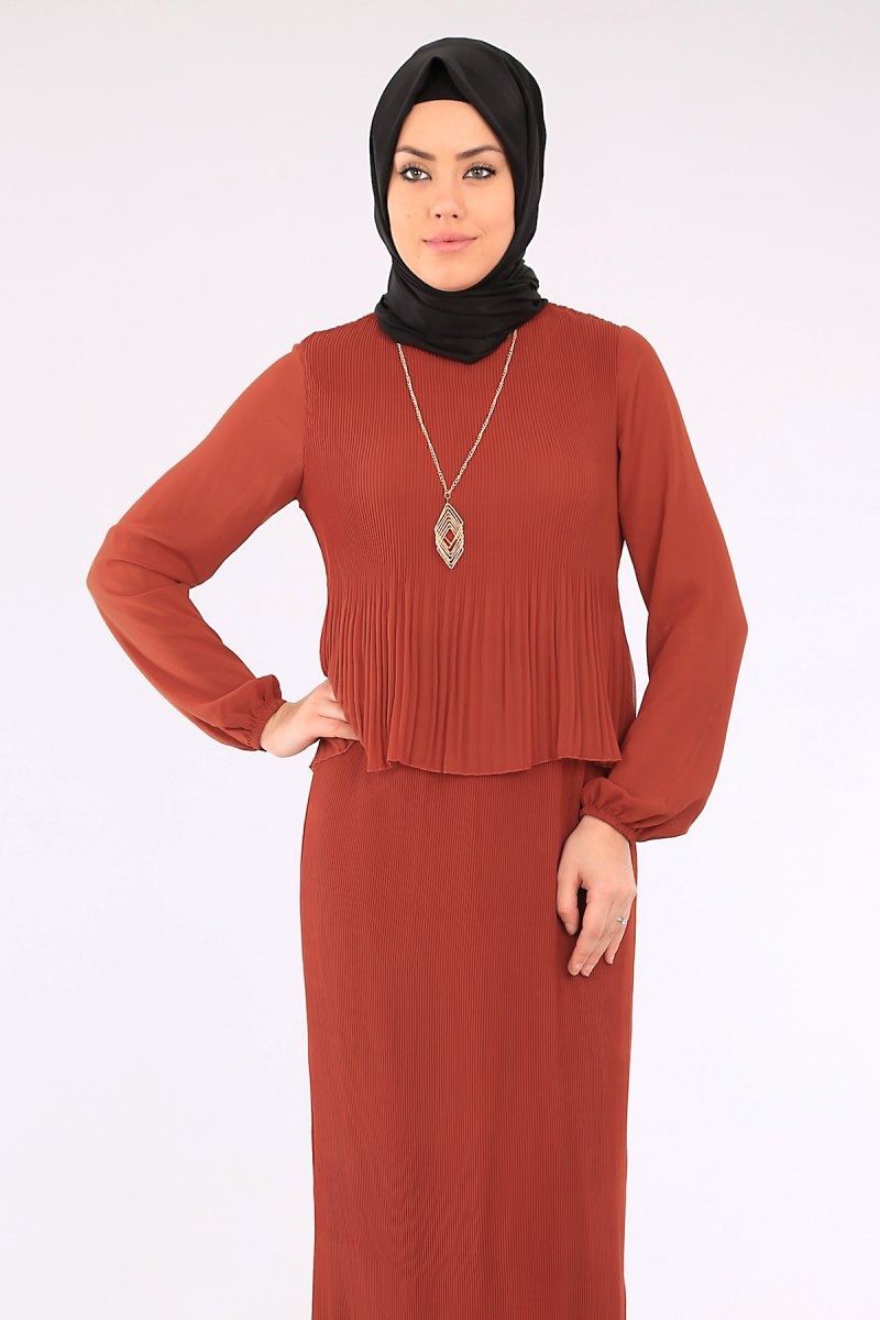 10061 PİLİSELİ BİLEKLERİ LASTİKLİ TESETTÜR ELBİSE - Kiremit - BİGDART