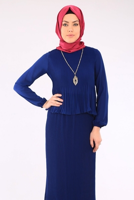 10061 PİLİSELİ BİLEKLERİ LASTİKLİ TESETTÜR ELBİSE - Lacivert - BİGDART