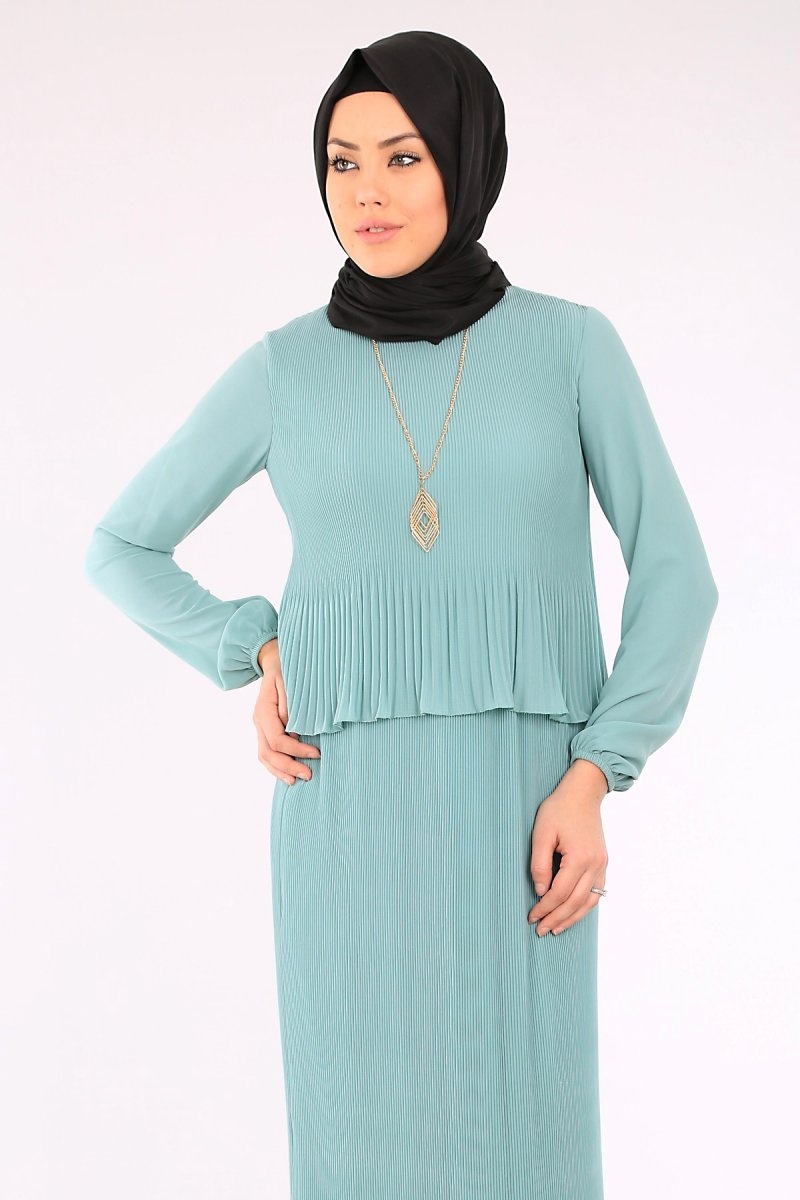 10061 PİLİSELİ BİLEKLERİ LASTİKLİ TESETTÜR ELBİSE - Mint - BİGDART