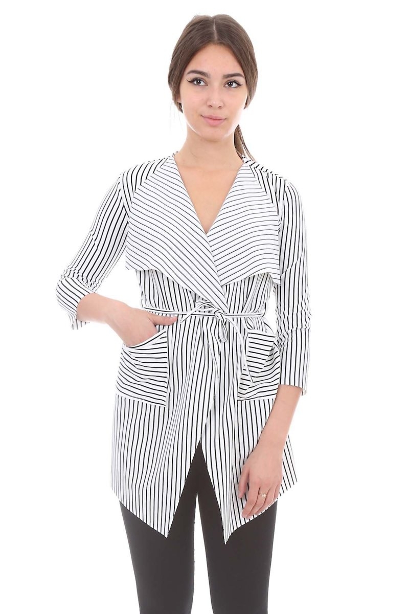 10068 ÇİZGİLİ ÇİFT CEPLİ CEKET - Beyaz - BİGDART