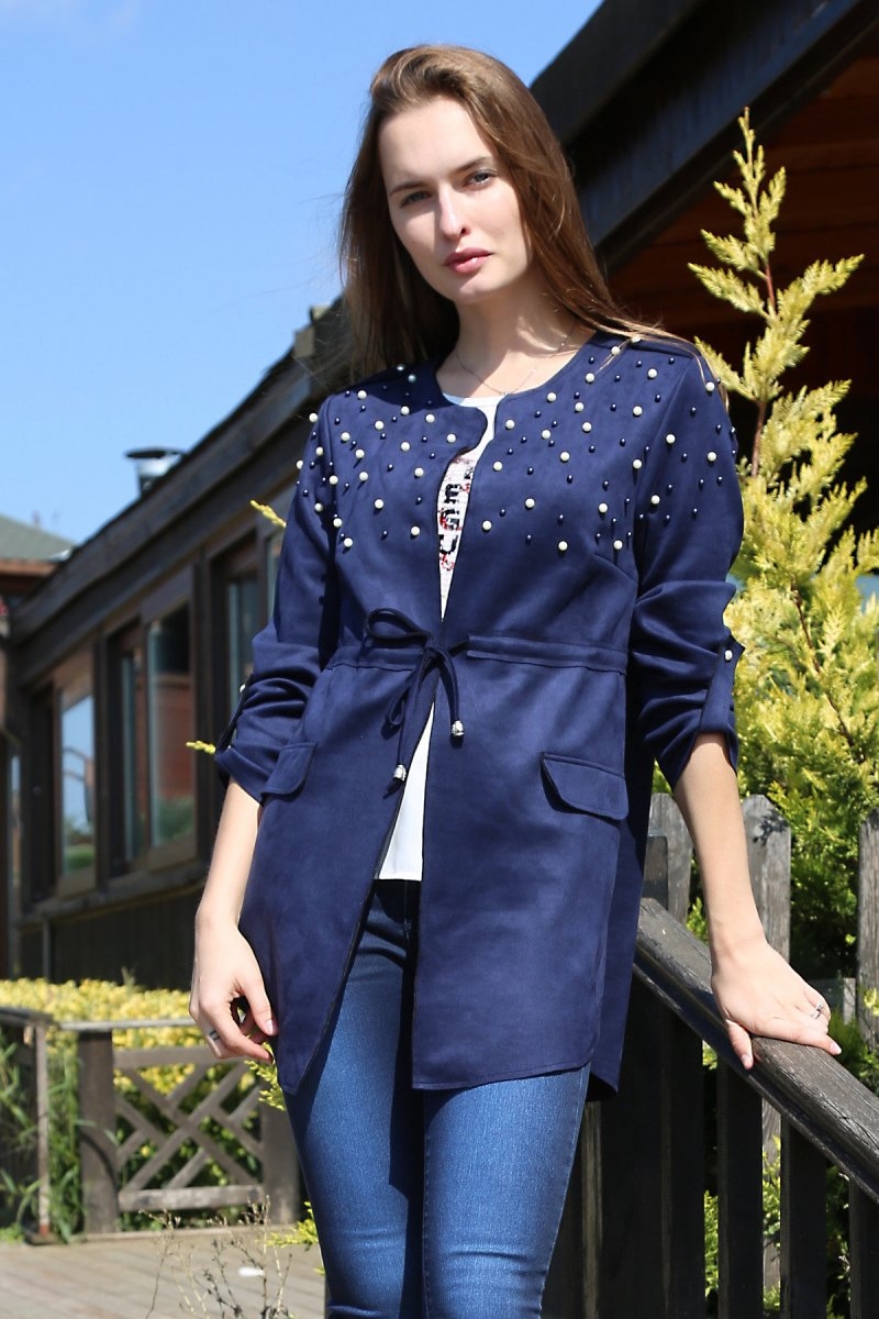 10079 İNCİ DETAYLI NUBUK CEKET - Lacivert - BİGDART