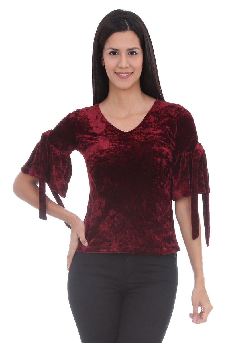 10093 İSPANYOL KOL KADİFE BLUZ - Bordo - BİGDART