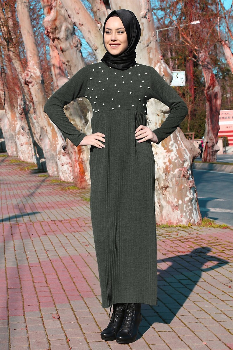 10096 İNCİLİ TRİKO ELBİSE - Haki - BİGDART