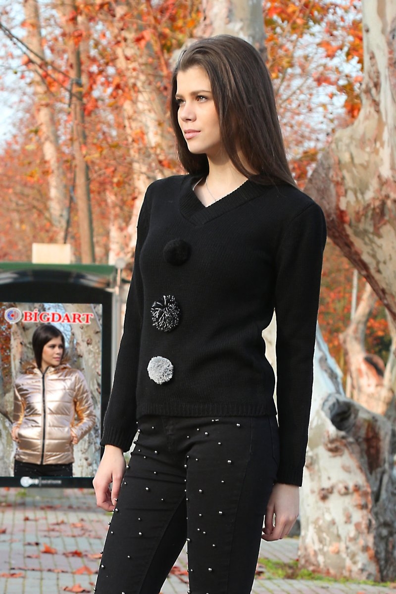 10102 PONPON DETAY TRİKO KAZAK - Siyah - BİGDART