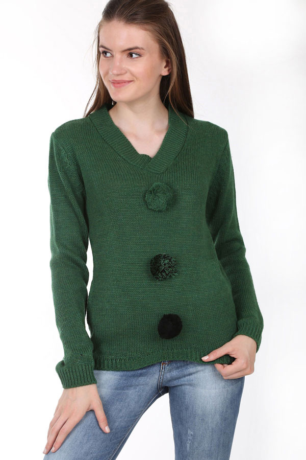 10102 PONPON DETAY TRİKO KAZAK - Yeşil - BİGDART