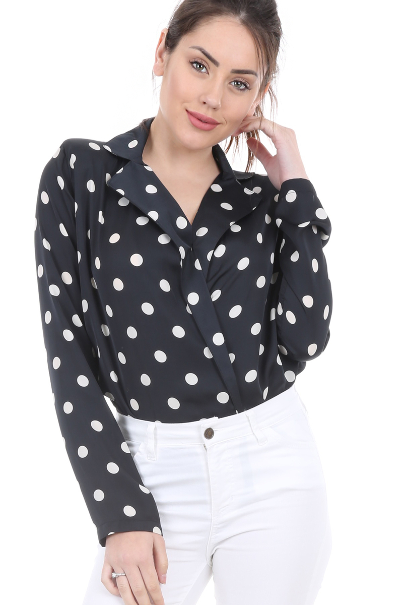 10197 PUAN DESENLİ ALTTAN ÇITÇITLI BLUZ - Siyah - BİGDART