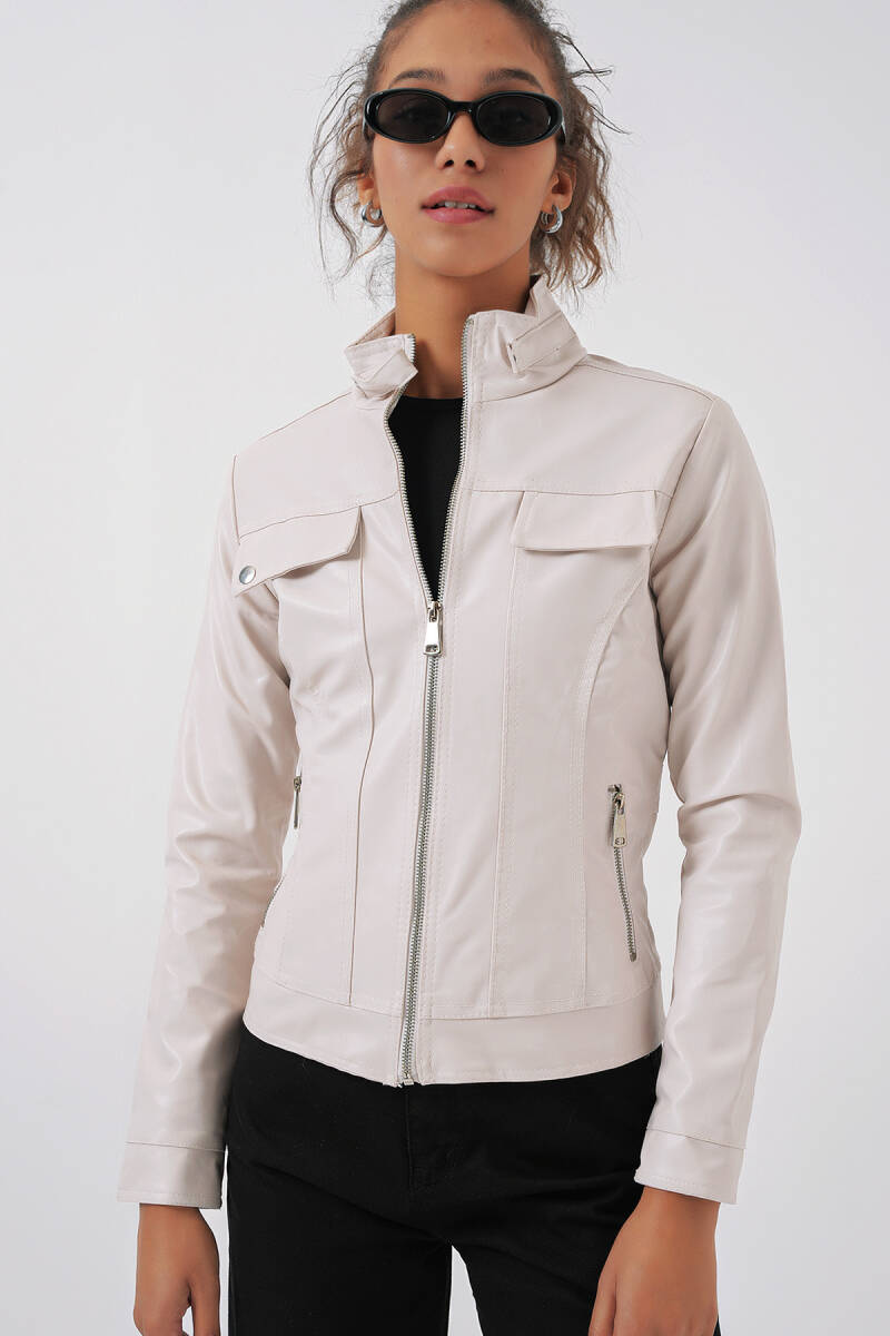 1024 Dik Yaka Deri Mont - Ekru - BİGDART