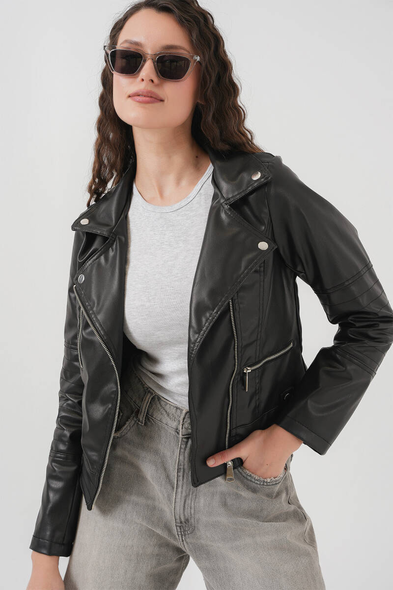 1025 Suni Deri Biker Ceket - Siyah - BİGDART