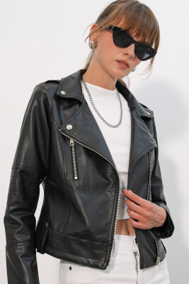 1025 Suni Deri Biker Ceket - Siyah 
