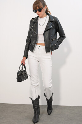 1025 Suni Deri Biker Ceket - Siyah - 2