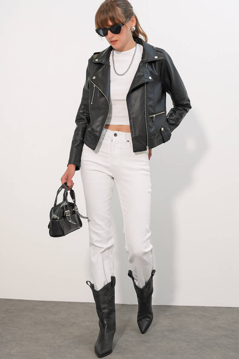 1025 Suni Deri Biker Ceket - Siyah (1)